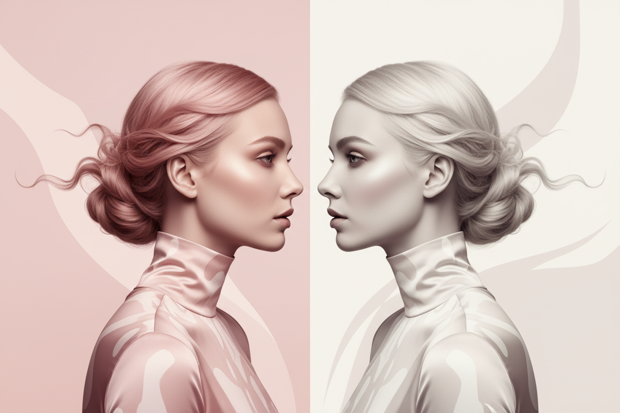 pink and white background with two half face beautiful women side by side